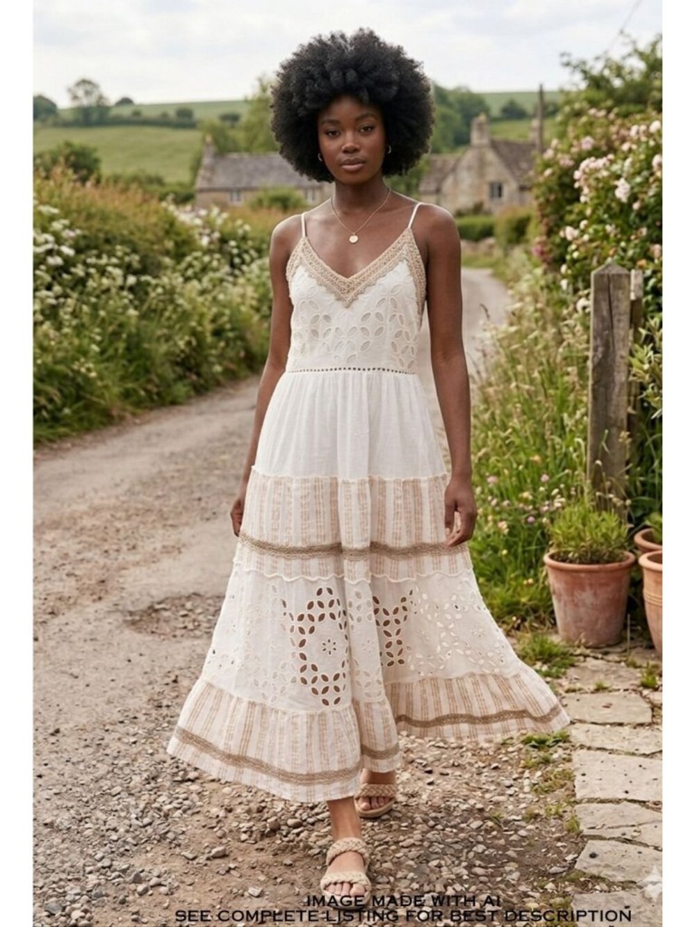 Embroidered Cotton Tiered Cream Sundress Graduation Wedding 100% Cotton India